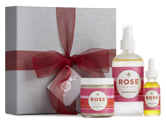 Rose Sandalwood Collection Gift Box: Body Polish, Facial Mist, and Body Oil