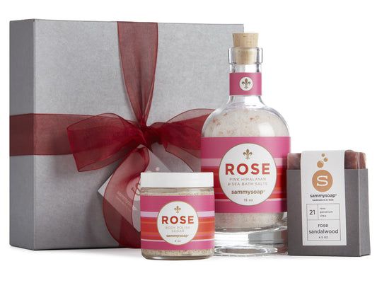 Rose Sandalwood Collection Gift Box: Body Polish, Bath Salts, and All Natural Soap
